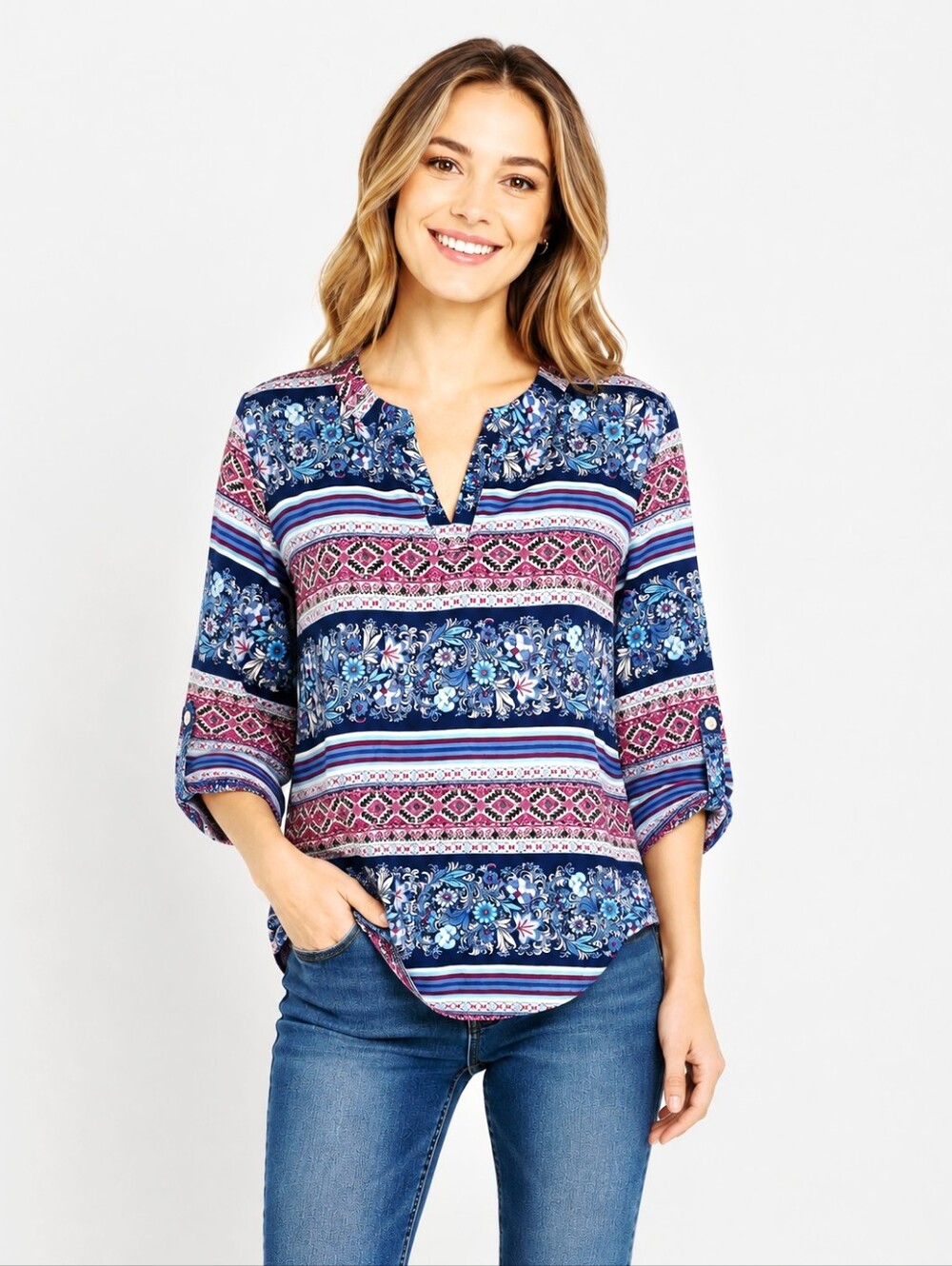 Pink Republic Blues, Purple & White Mixed Print V-neck Blouse, Size Small